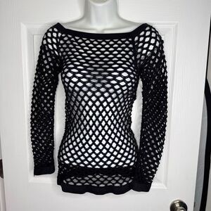 Yummie Zero Mesh Cold Shoulder Long Sleeve Top Black Open Knit Size M